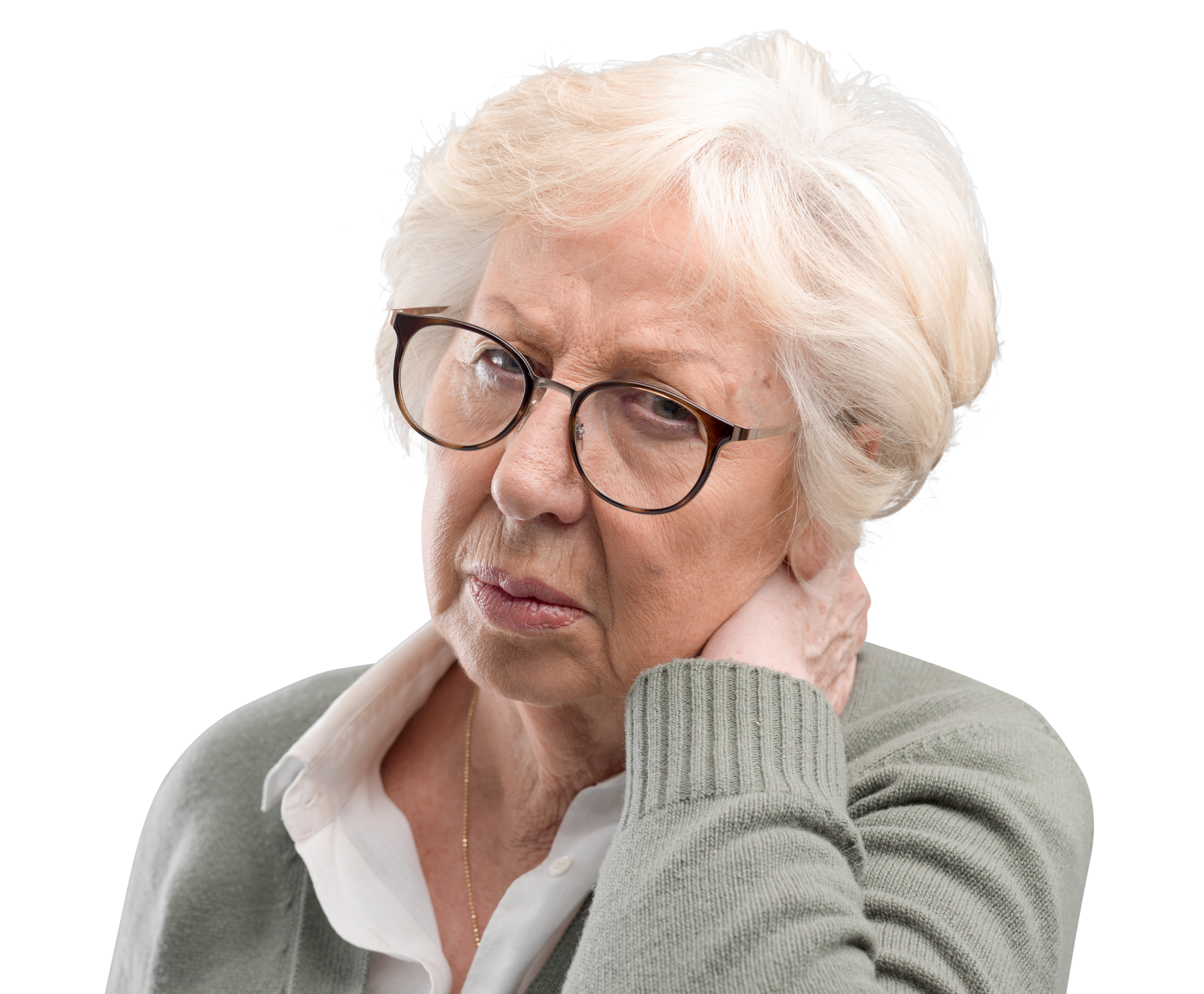 Senior woman touching her neck and wincing from stiffness and pain, representing common causes of neck pain in older adults