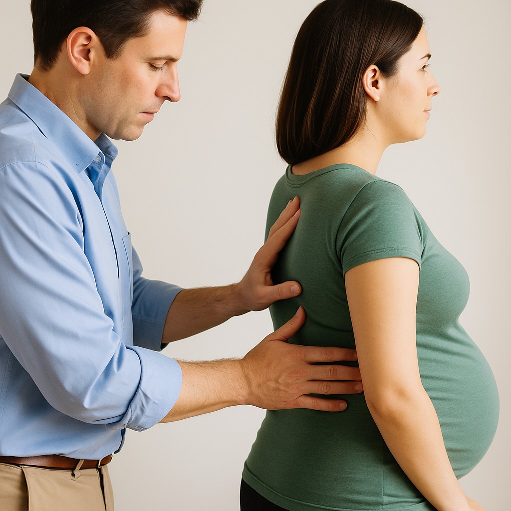 Chiropractor examining a pregnant woman’s back during a gentle prenatal adjustment for pain relief in Libertyville Illinois