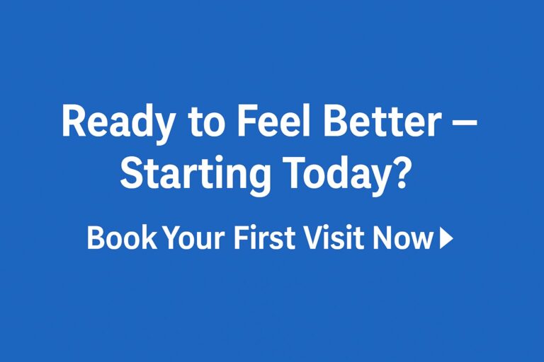 Motivational chiropractic image with the text “Ready to Feel Better Starting Today? Book Your First Visit Now!” in calming blues and whites, promoting first-visit chiropractic care in Libertyville.