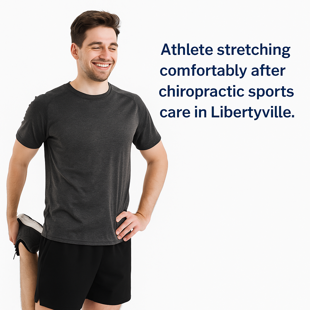 Athlete stretching comfortably after chiropractic sports care in Libertyville, showcasing improved mobility and recovery.