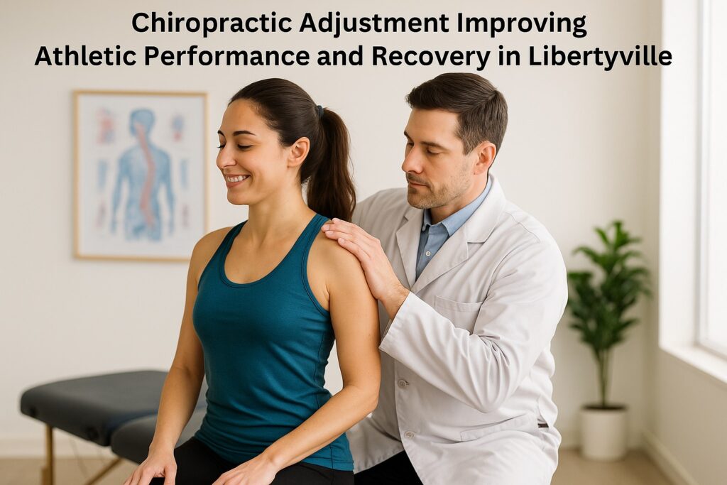 Male chiropractor performing a spinal adjustment on an athlete to enhance performance and recovery in a Libertyville clinic.