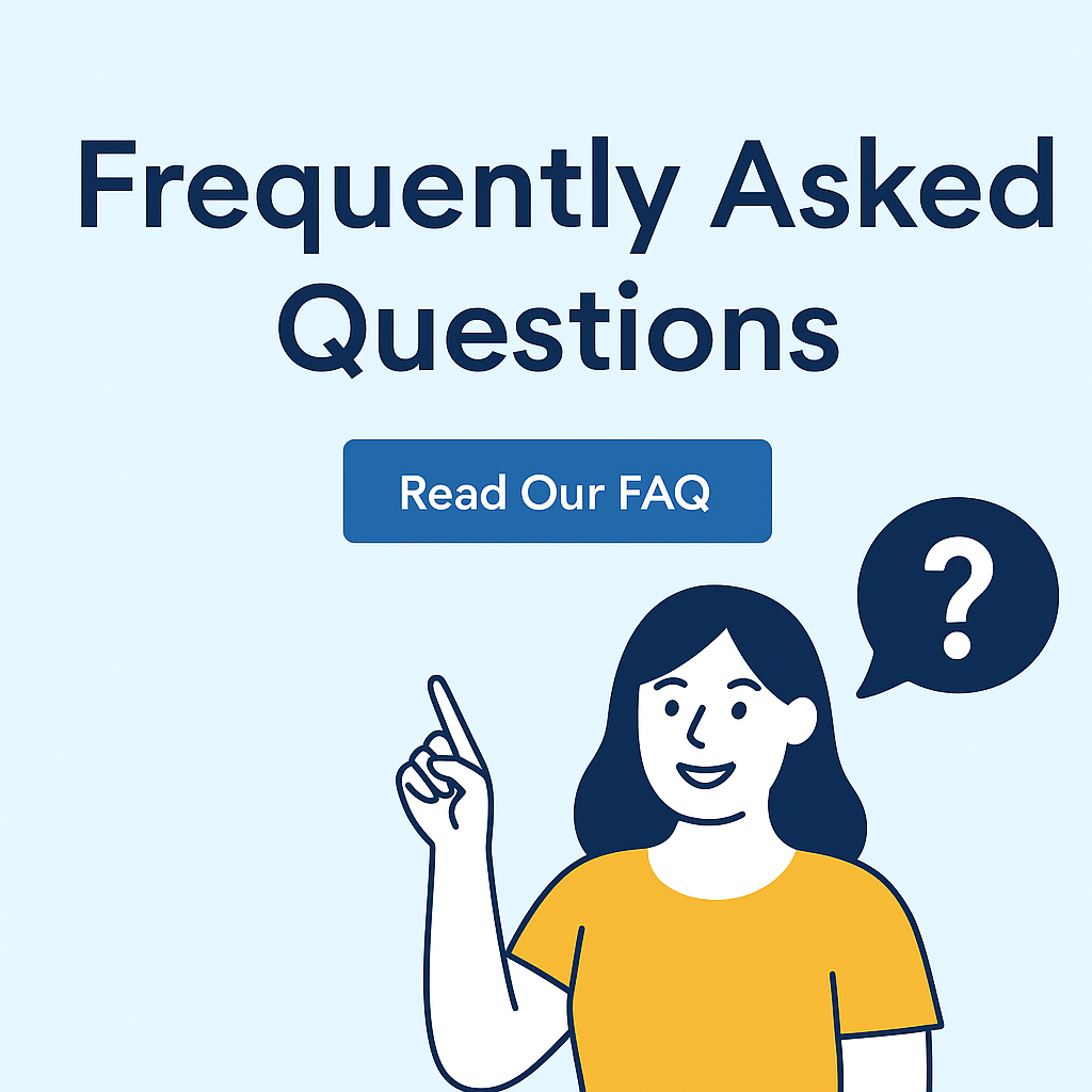 Clean digital graphic featuring the words “Frequently Asked Questions” with a blue circle containing “FAQ?” and a tagline inviting users to find answers about services.