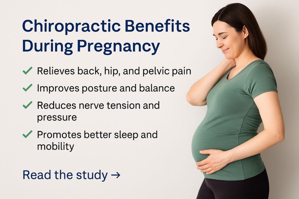Pregnant woman receiving gentle chiropractic care to support spinal and pelvic alignment in Libertyville.