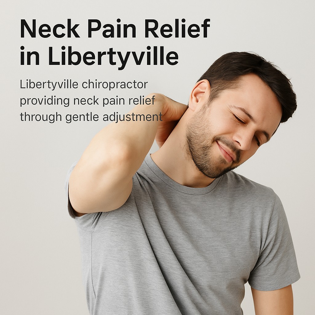 Patient gently stretching neck after chiropractic adjustment in Libertyville clinic.