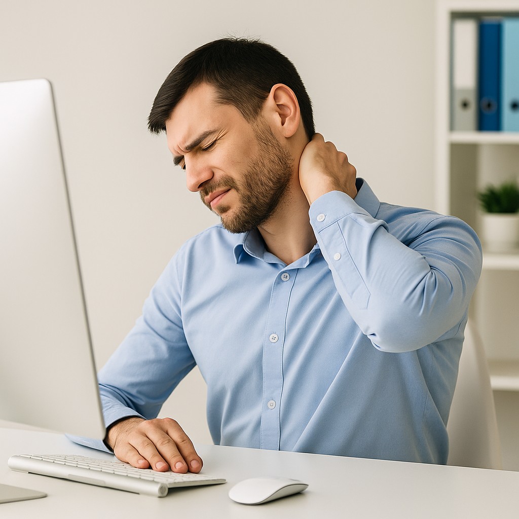 Man with neck pain from poor posture seeking chiropractic care in Libertyville.