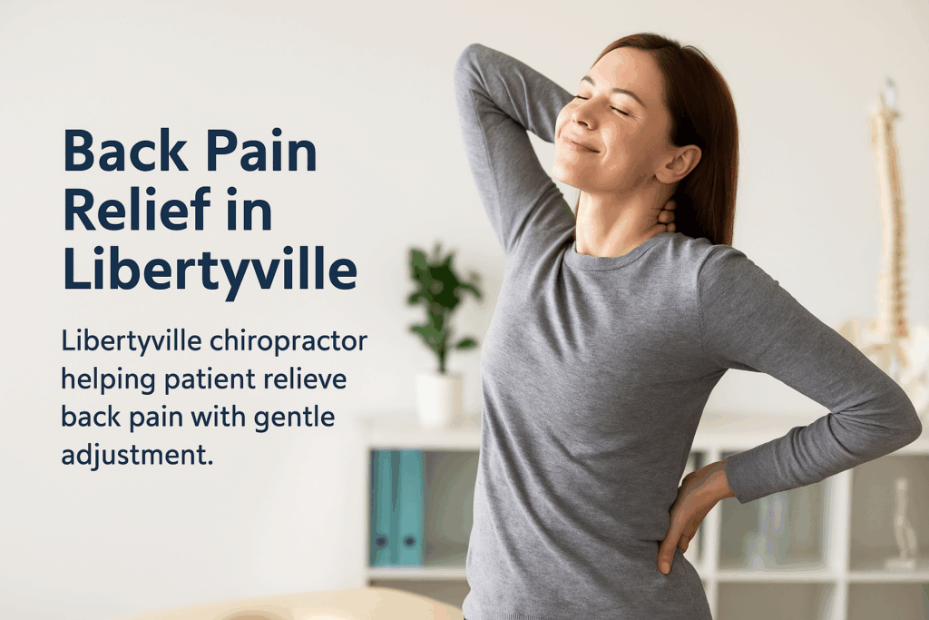 Smiling woman stretching comfortably after chiropractic adjustment in Libertyville clinic.
