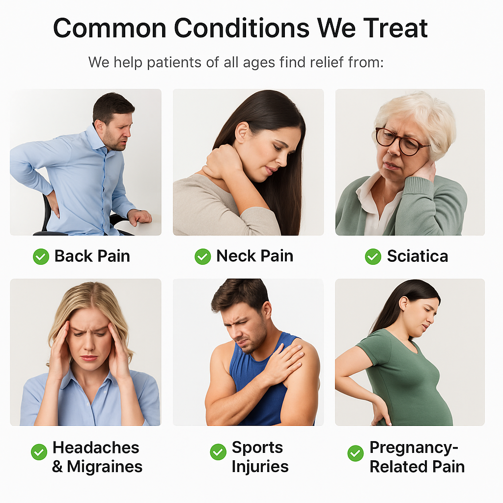 Grid of six photos showing common chiropractic conditions — back pain, neck pain, sciatica, headaches and migraines, sports injuries, and pregnancy-related pain.