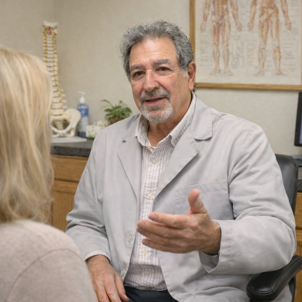 Affordable chiropractic care in Libertyville Illinois with Dr. Steve Segal explaining treatment options to a patient